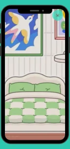 mint green bed, vanity table, and checkered curtains in a cozy room