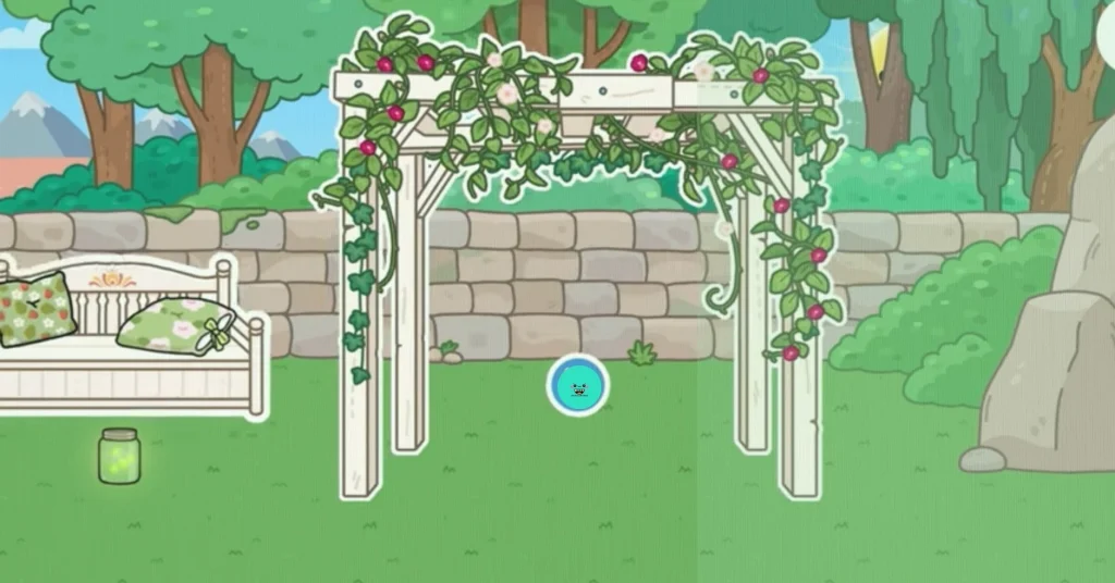 flower lamps, cottage-style sofas, a hanging bed, picnic benches, and wooden bird decor