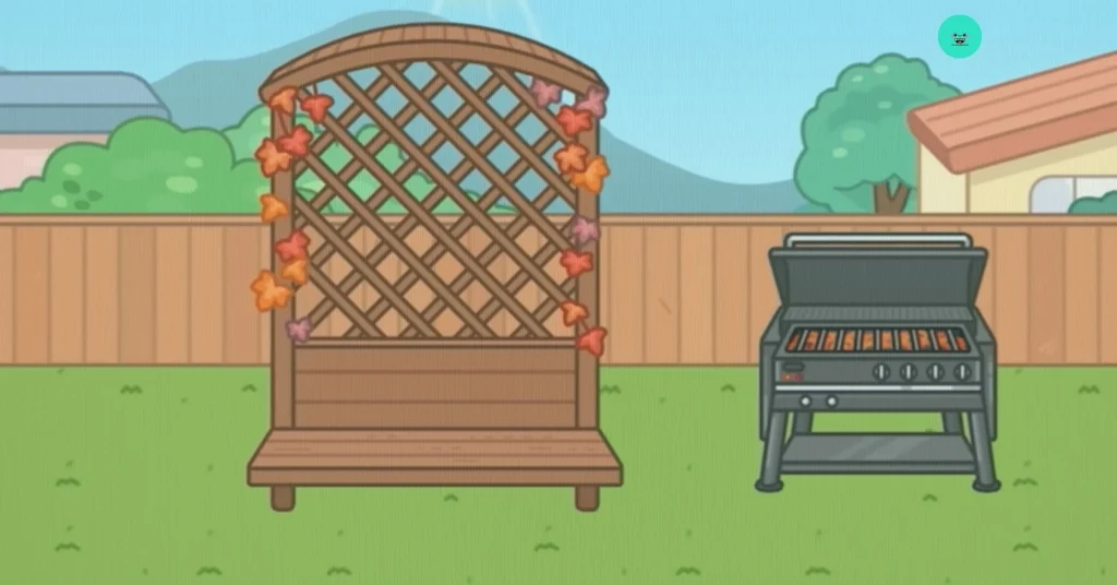 apple tree, bench, barbecue, and falling leaves
