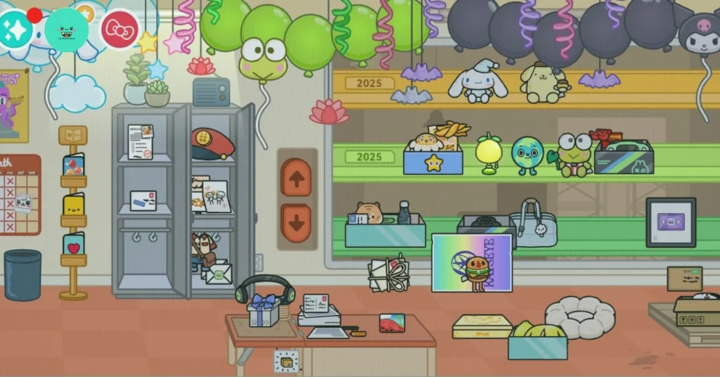 Post Office filled with purple and black balloons, plush toys, and cute wall art