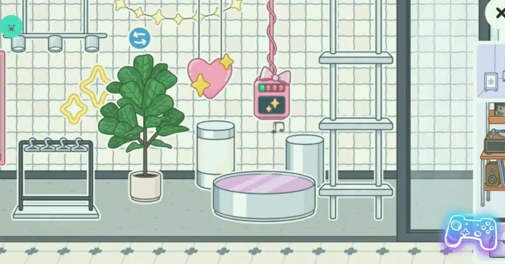 plants, posters, graffiti shutters, and a pink hanging radio, security camera, ATM machine, and checkout machine